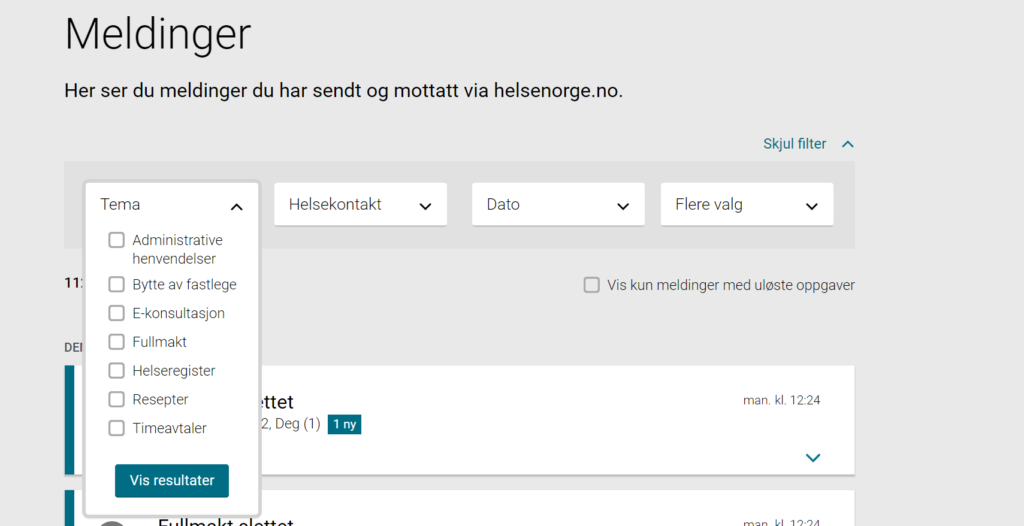 Meldingsinnboksen for innloggede bruker på Helsenorge.no